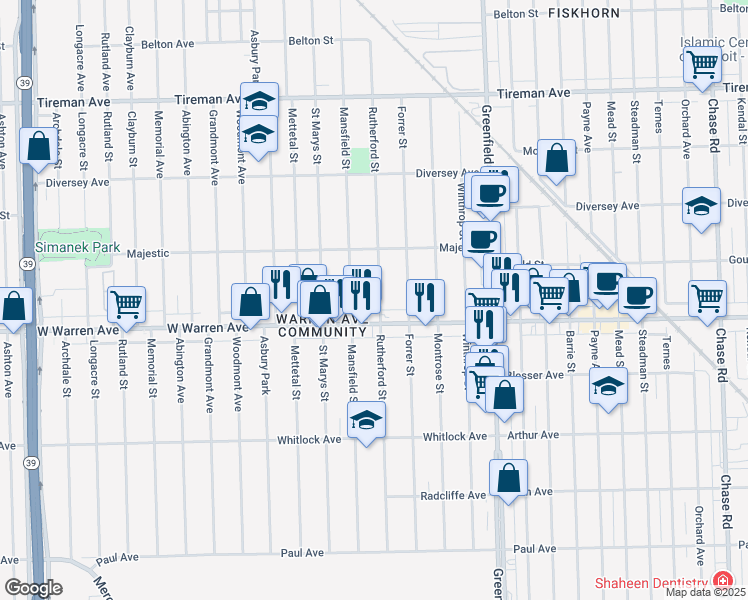 map of restaurants, bars, coffee shops, grocery stores, and more near 7249 Rutherford Street in Detroit