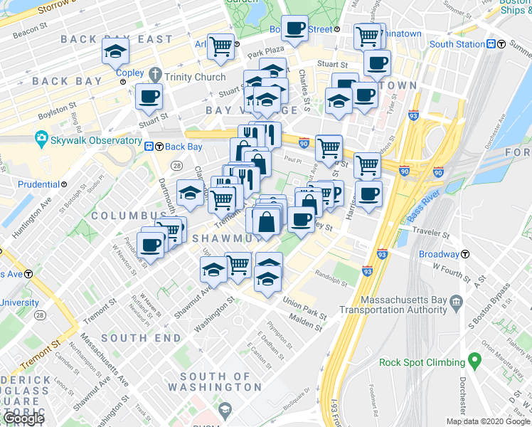 map of restaurants, bars, coffee shops, grocery stores, and more near Dwight Street in Boston