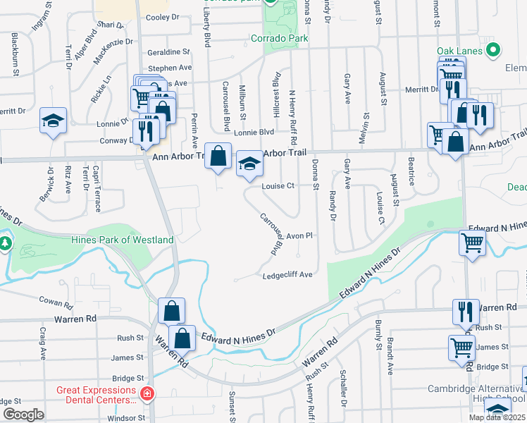 map of restaurants, bars, coffee shops, grocery stores, and more near 7692 Carrousel Boulevard in Westland