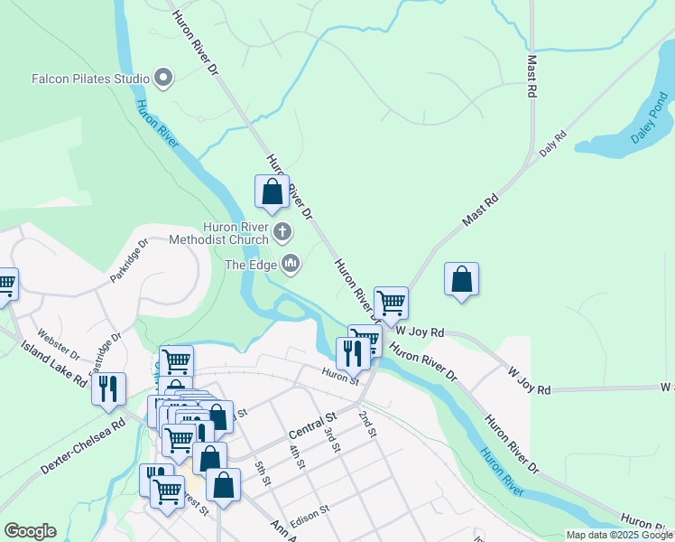 map of restaurants, bars, coffee shops, grocery stores, and more near 7601 Huron River Drive in Dexter
