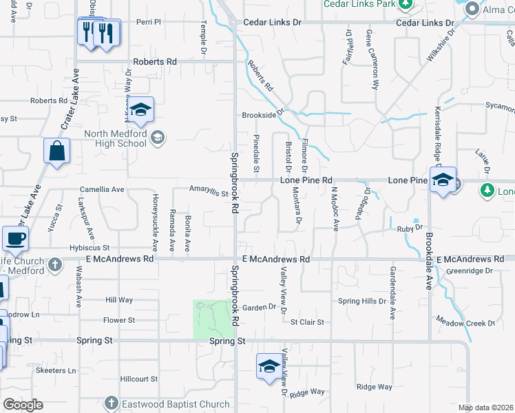 map of restaurants, bars, coffee shops, grocery stores, and more near 2551 Bethany Court in Medford