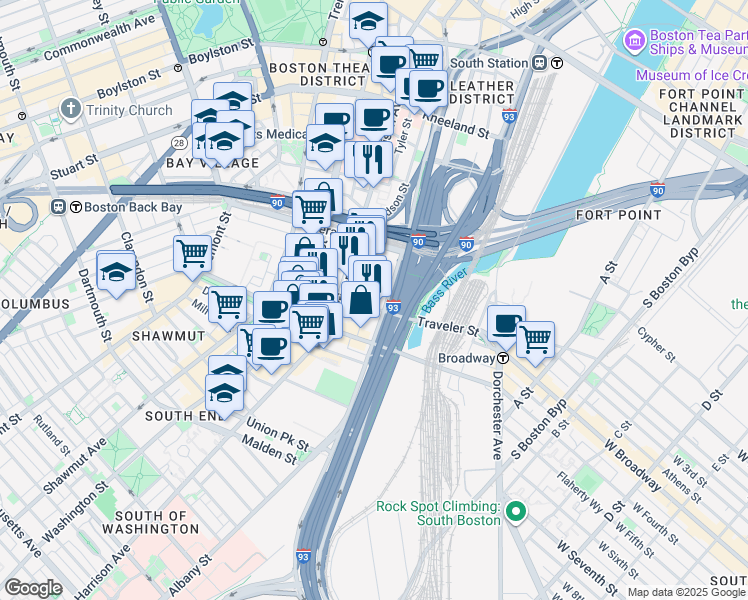 map of restaurants, bars, coffee shops, grocery stores, and more near 348 Harrison Avenue in Boston