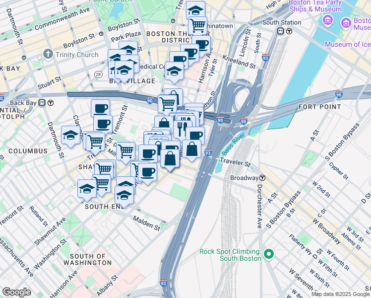 map of restaurants, bars, coffee shops, grocery stores, and more near 341 Harrison Avenue in Boston