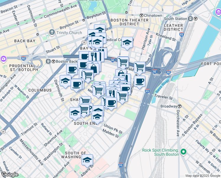 map of restaurants, bars, coffee shops, grocery stores, and more near 19 Castle Court in Boston