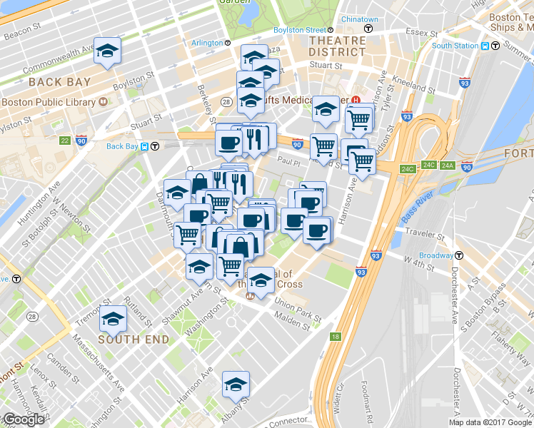 map of restaurants, bars, coffee shops, grocery stores, and more near 58 East Berkeley Street in Boston