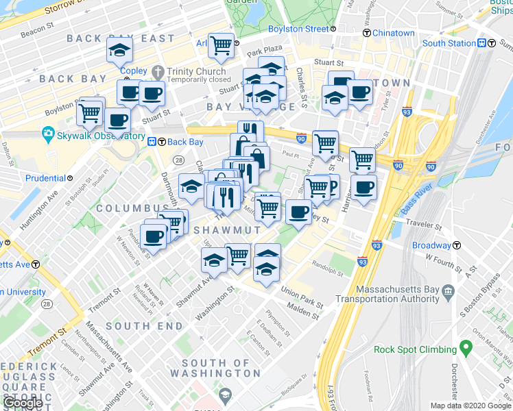 map of restaurants, bars, coffee shops, grocery stores, and more near 514 Tremont Street in Boston