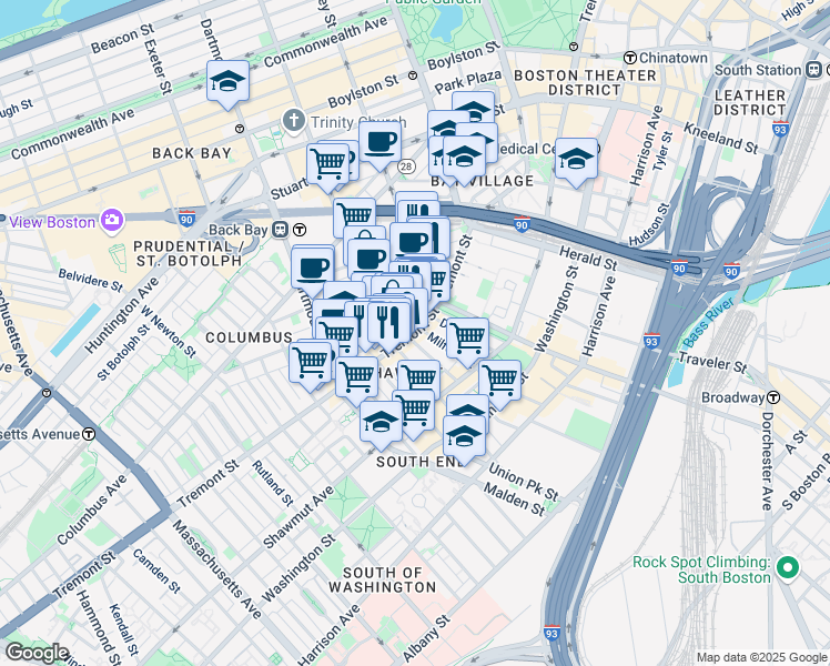 map of restaurants, bars, coffee shops, grocery stores, and more near 34 Warren Avenue in Boston