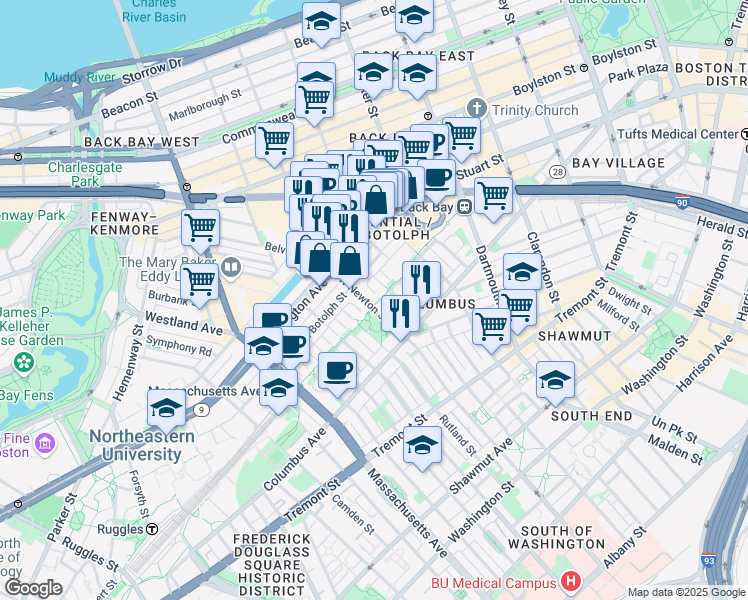 map of restaurants, bars, coffee shops, grocery stores, and more near 94 Saint Botolph Street in Boston