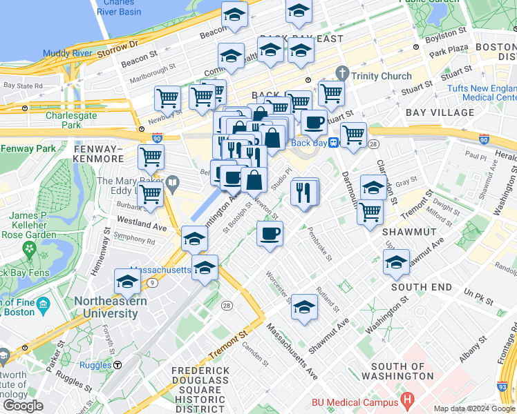 map of restaurants, bars, coffee shops, grocery stores, and more near 94 Saint Botolph Street in Boston
