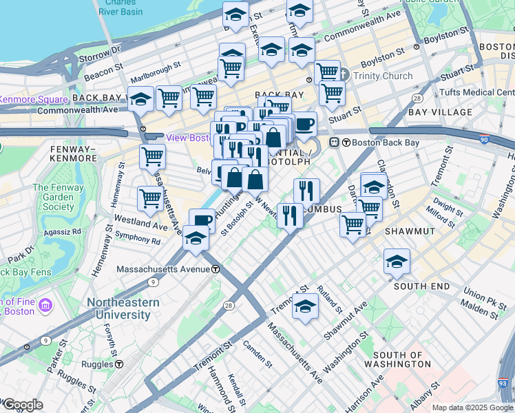 map of restaurants, bars, coffee shops, grocery stores, and more near 94 Saint Botolph Street in Boston