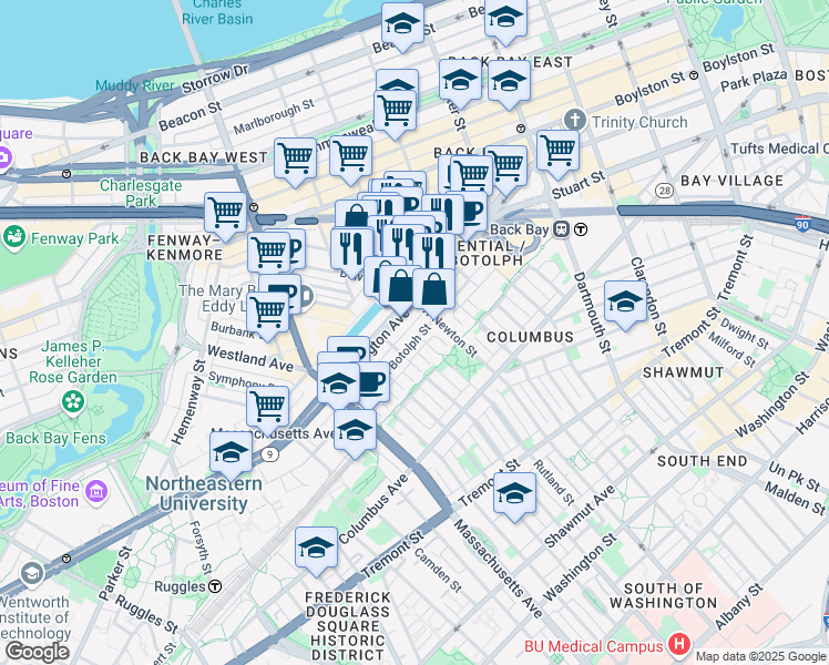 map of restaurants, bars, coffee shops, grocery stores, and more near in Boston