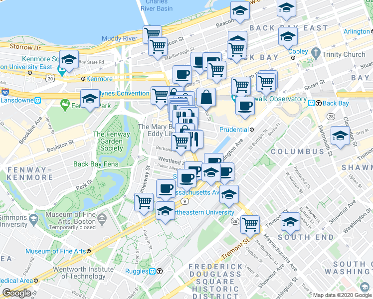 map of restaurants, bars, coffee shops, grocery stores, and more near 216 Massachusetts Avenue in Boston