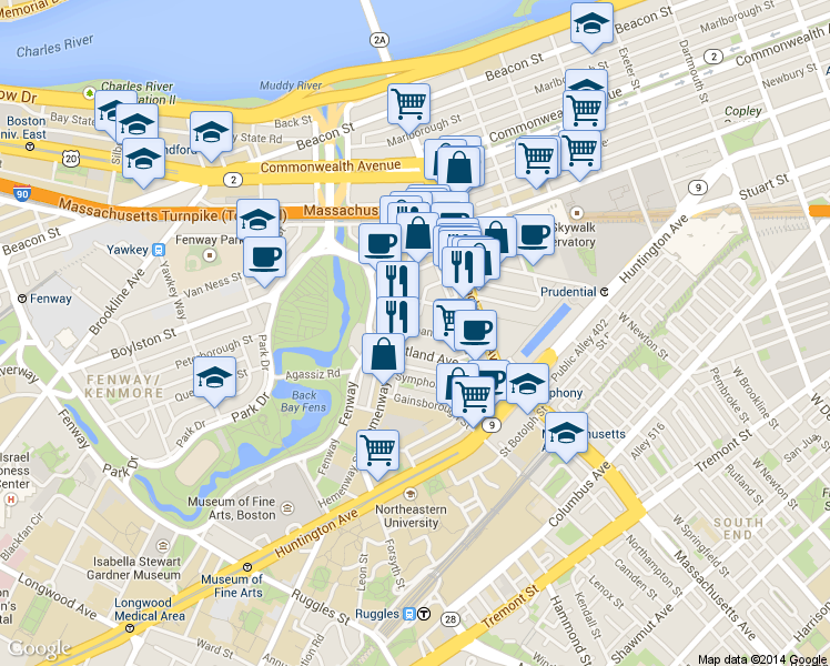 map of restaurants, bars, coffee shops, grocery stores, and more near 56-60 Hemenway Street in Boston