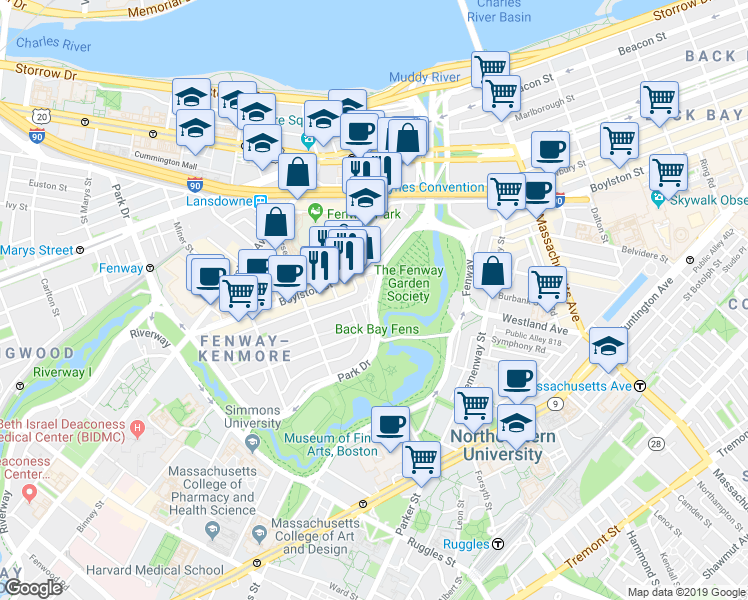 map of restaurants, bars, coffee shops, grocery stores, and more near Path Q in Boston