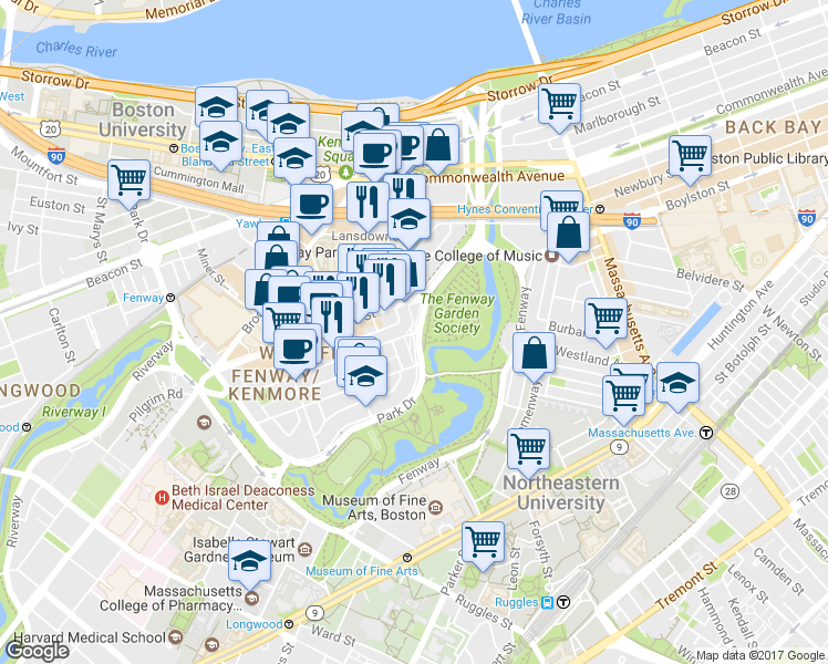 map of restaurants, bars, coffee shops, grocery stores, and more near in Boston