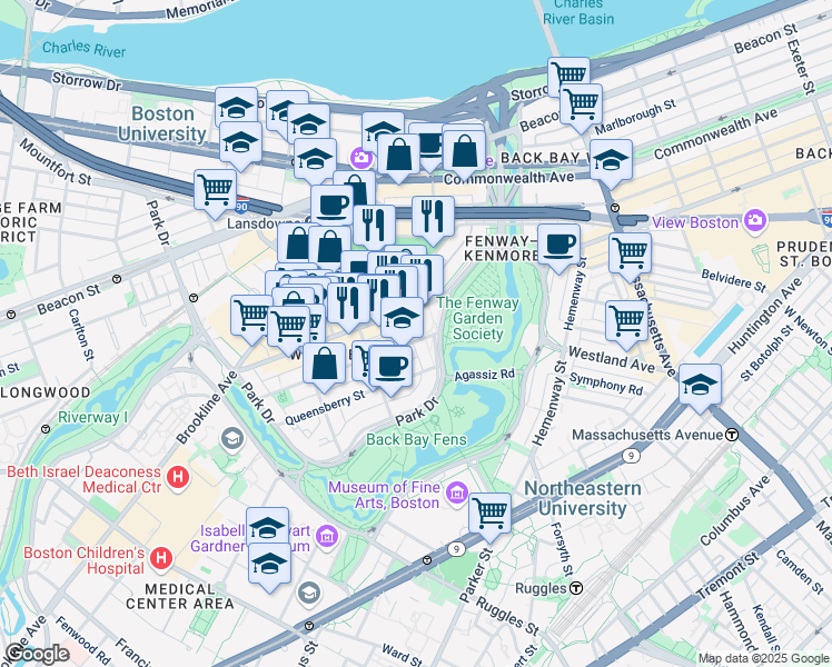 map of restaurants, bars, coffee shops, grocery stores, and more near in Boston