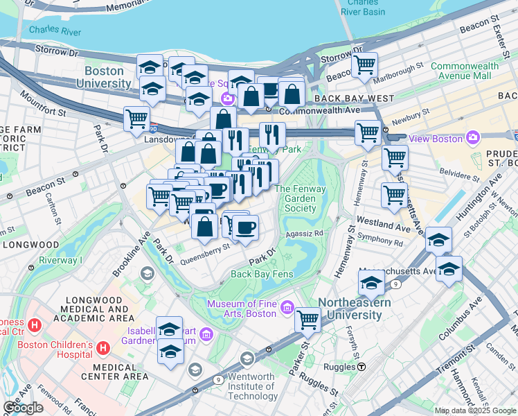 map of restaurants, bars, coffee shops, grocery stores, and more near in Boston