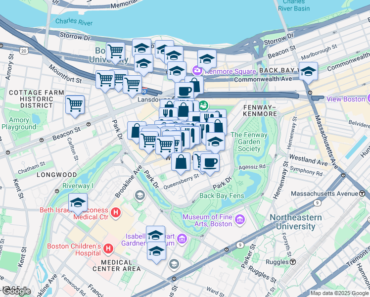 map of restaurants, bars, coffee shops, grocery stores, and more near in Boston