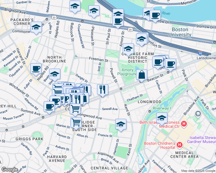 map of restaurants, bars, coffee shops, grocery stores, and more near 217 Saint Paul Street in Brookline
