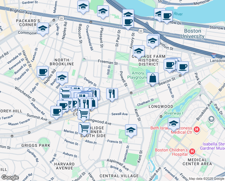 map of restaurants, bars, coffee shops, grocery stores, and more near 217 Saint Paul Street in Brookline