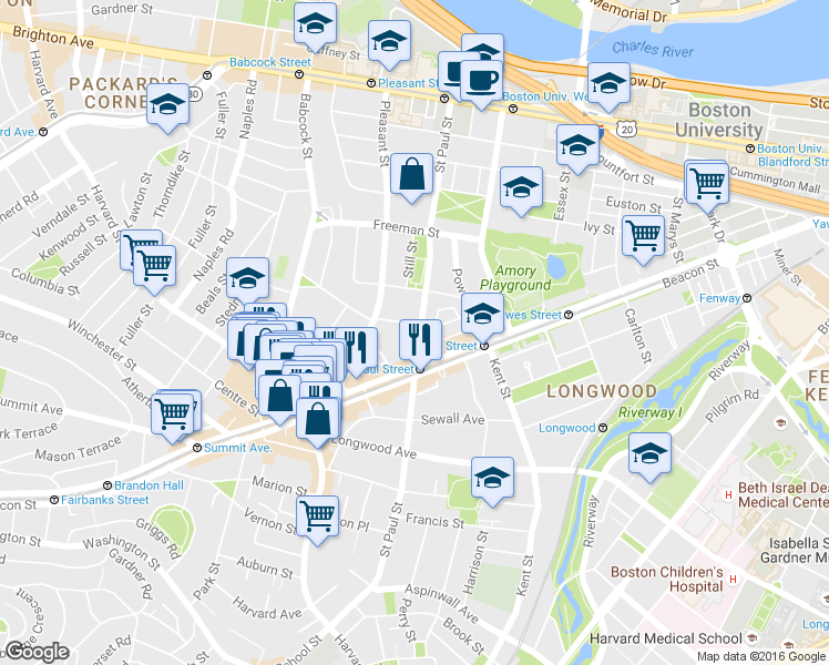 map of restaurants, bars, coffee shops, grocery stores, and more near 217 Saint Paul Street in Brookline