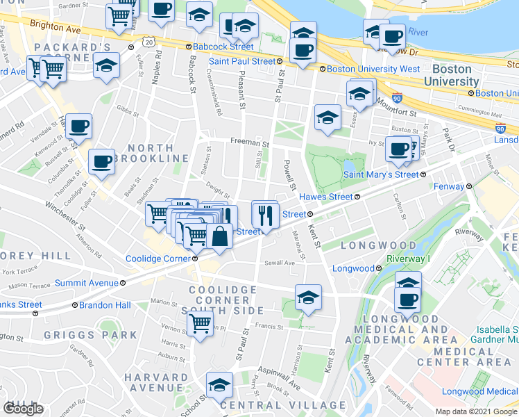 map of restaurants, bars, coffee shops, grocery stores, and more near 63 Parkman Street in Brookline