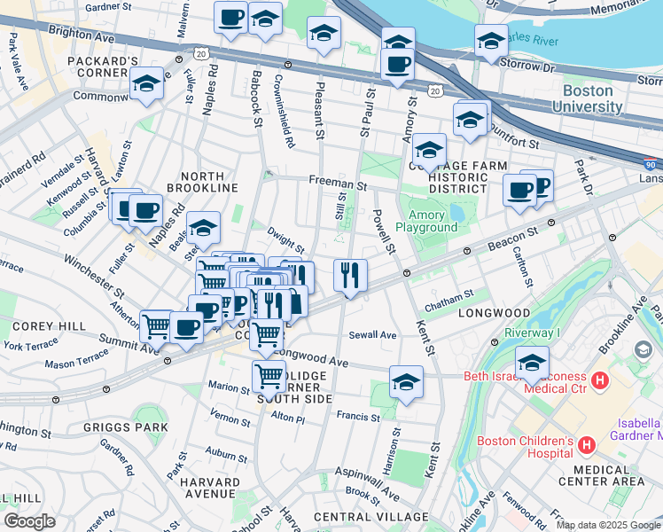 map of restaurants, bars, coffee shops, grocery stores, and more near 63 Parkman Street in Brookline