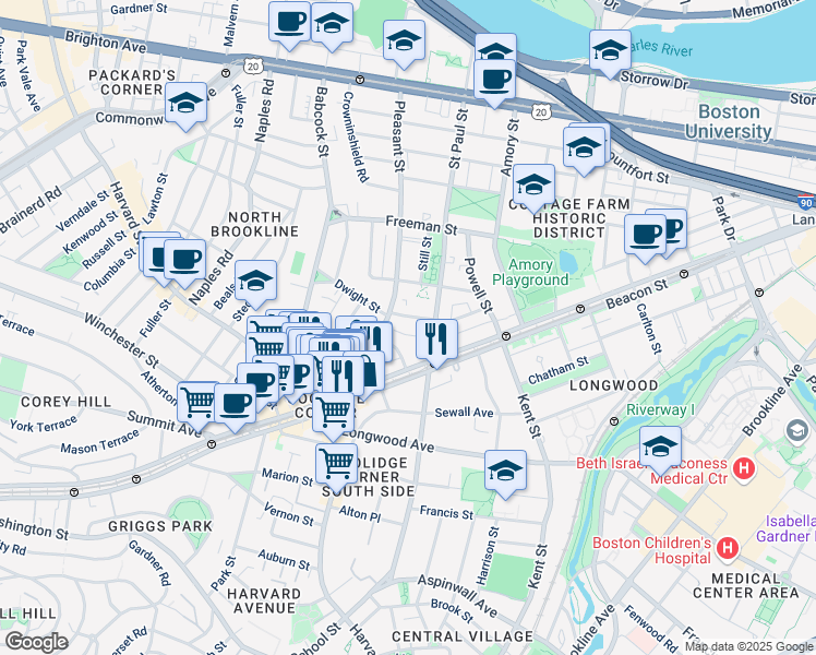 map of restaurants, bars, coffee shops, grocery stores, and more near 63 Parkman Street in Brookline