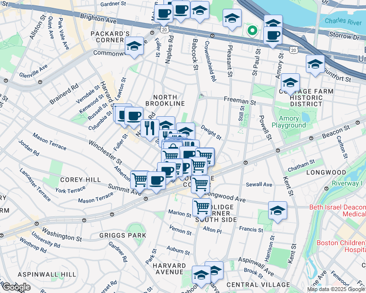 map of restaurants, bars, coffee shops, grocery stores, and more near 51 John Street in Brookline