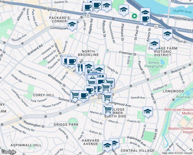 map of restaurants, bars, coffee shops, grocery stores, and more near 51 John Street in Brookline