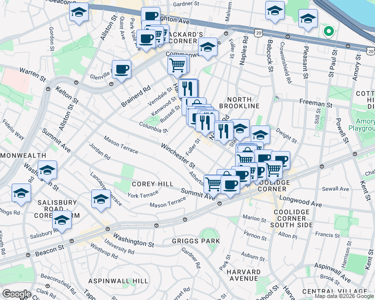 map of restaurants, bars, coffee shops, grocery stores, and more near 31 Coolidge Street in Brookline