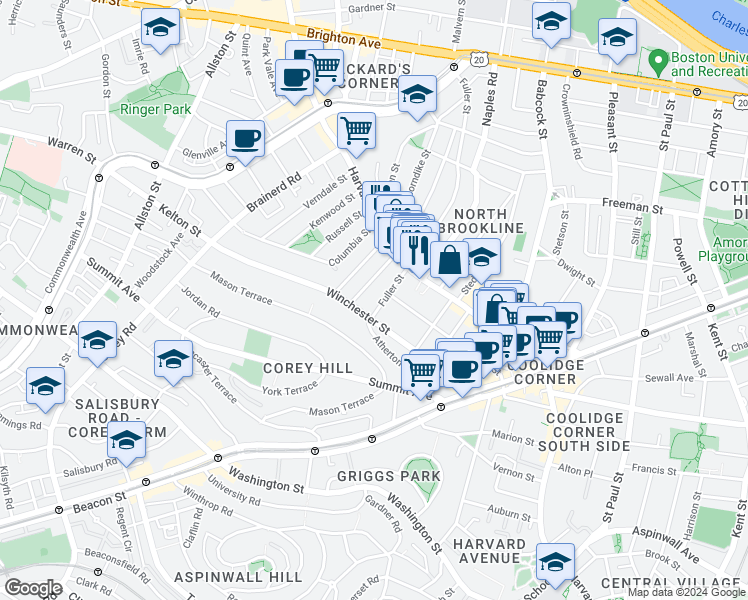 map of restaurants, bars, coffee shops, grocery stores, and more near 31 Coolidge Street in Brookline