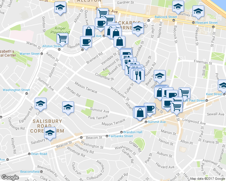 map of restaurants, bars, coffee shops, grocery stores, and more near 12 Thorndike Street in Brookline