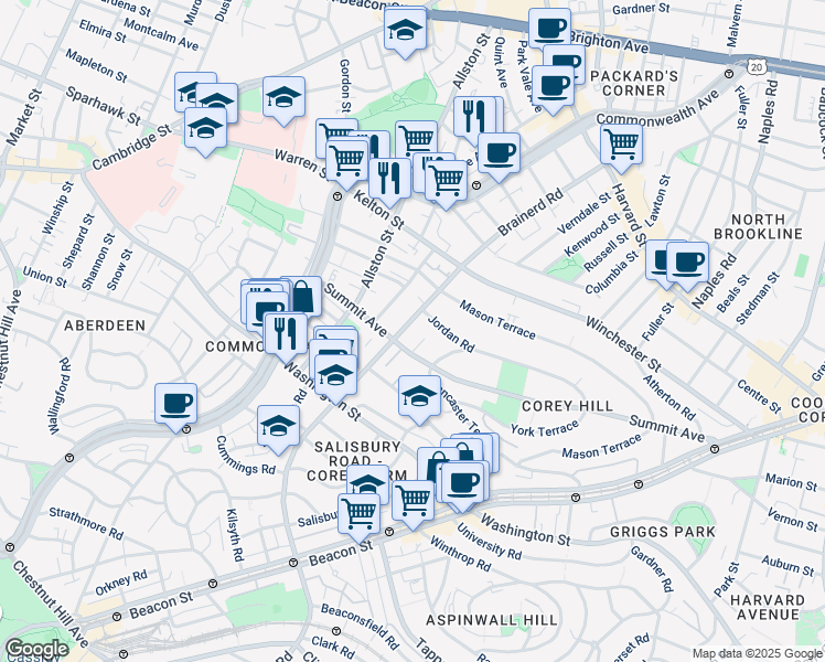 map of restaurants, bars, coffee shops, grocery stores, and more near 246 Corey Road in Boston