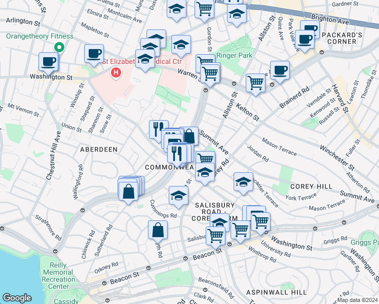 map of restaurants, bars, coffee shops, grocery stores, and more near 1542 Commonwealth Avenue in Boston