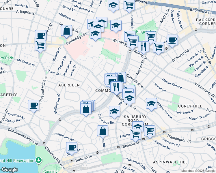 map of restaurants, bars, coffee shops, grocery stores, and more near 68 Fidelis Way in Boston