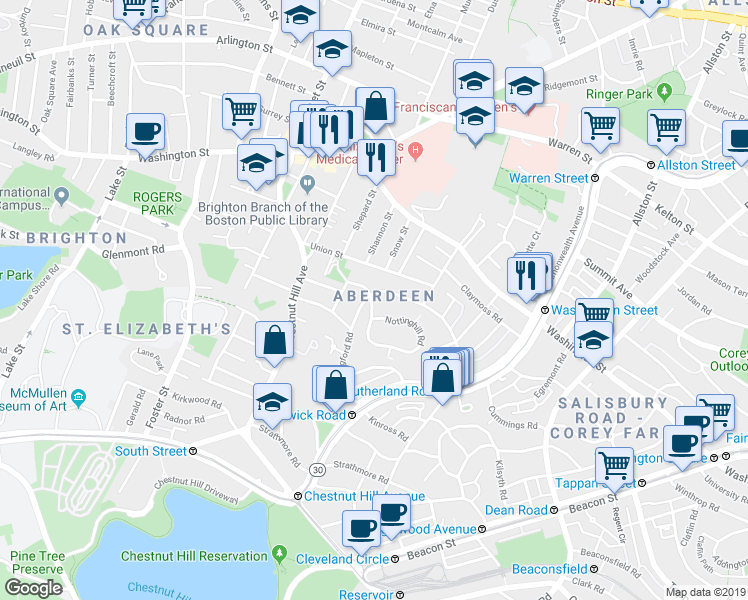 map of restaurants, bars, coffee shops, grocery stores, and more near 4 Nottinghill Road in Boston