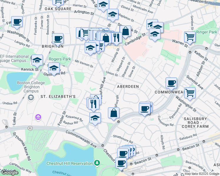 map of restaurants, bars, coffee shops, grocery stores, and more near 8 Priscilla Road in Boston