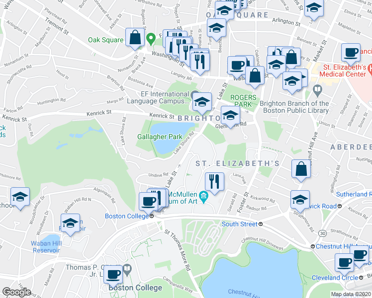 map of restaurants, bars, coffee shops, grocery stores, and more near 36 Lake Shore Road in Boston