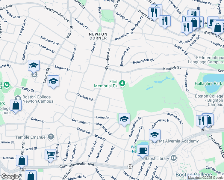 map of restaurants, bars, coffee shops, grocery stores, and more near 25 Eliot Memorial Road in Newton