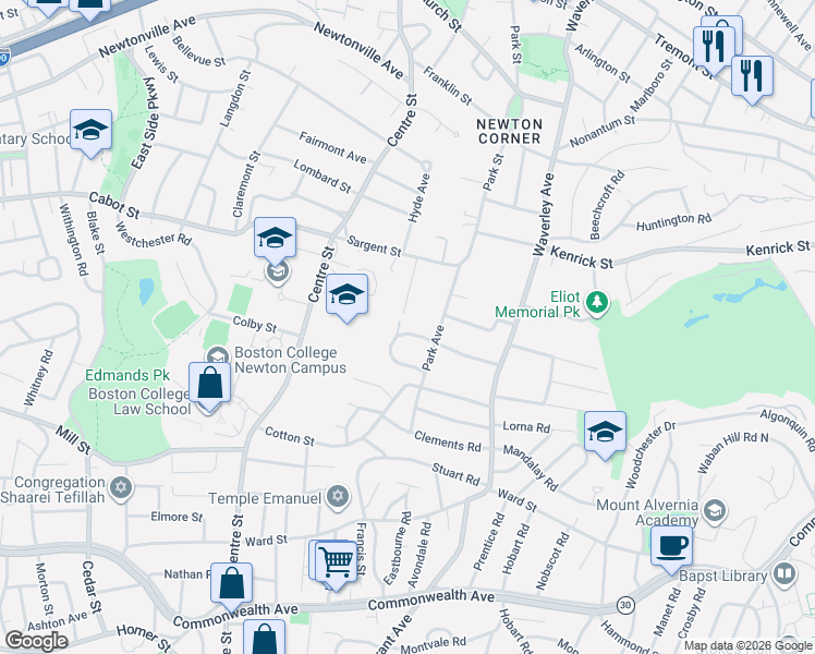 map of restaurants, bars, coffee shops, grocery stores, and more near 37 Park Avenue in Newton