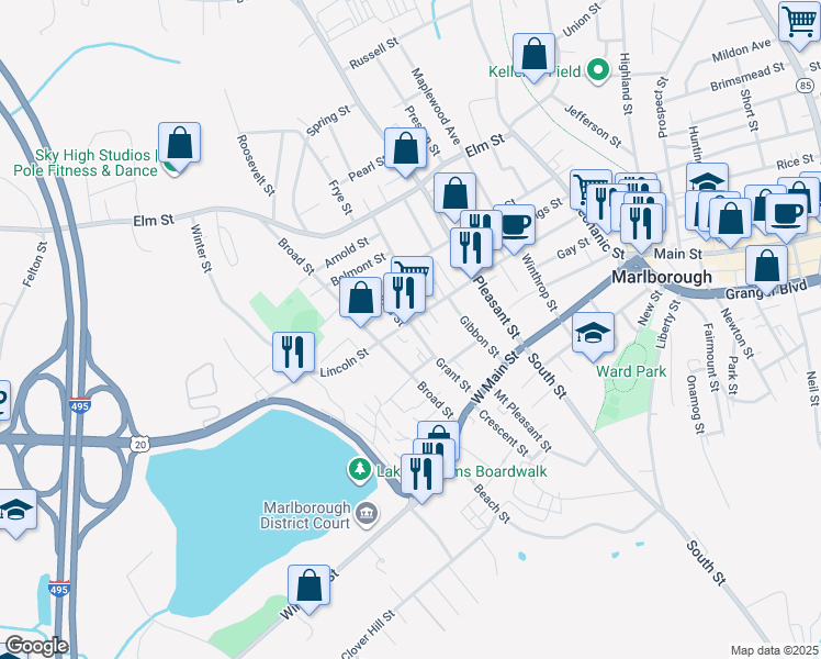 map of restaurants, bars, coffee shops, grocery stores, and more near 499 Lincoln Street in Marlborough