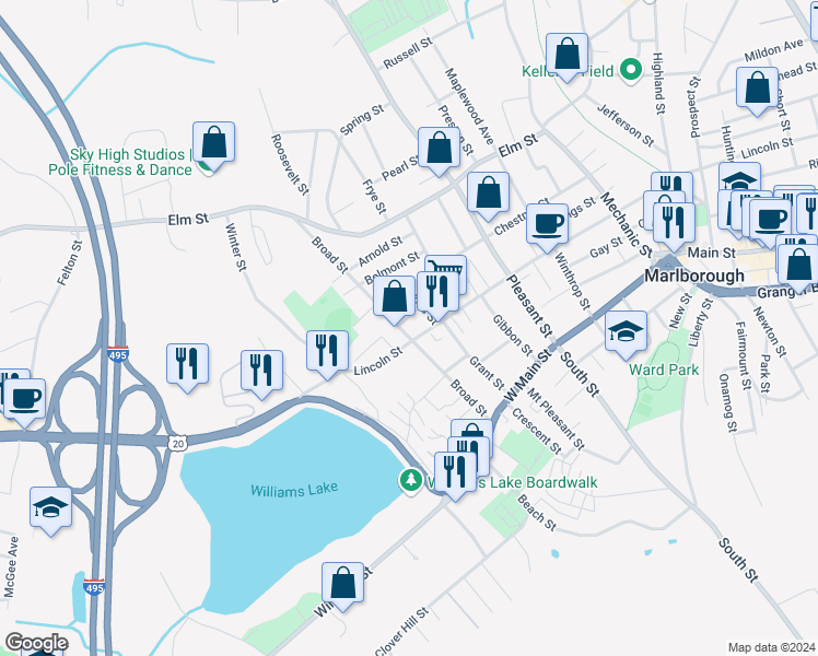 map of restaurants, bars, coffee shops, grocery stores, and more near 24 Cross Street in Marlborough