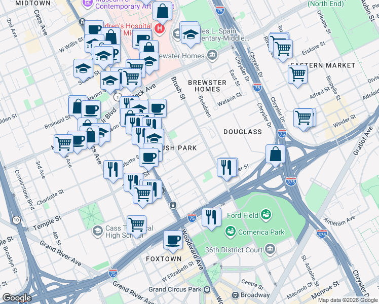 map of restaurants, bars, coffee shops, grocery stores, and more near 266 Edmund Place in Detroit