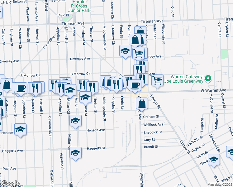 map of restaurants, bars, coffee shops, grocery stores, and more near 7226 Emanon Street in Dearborn