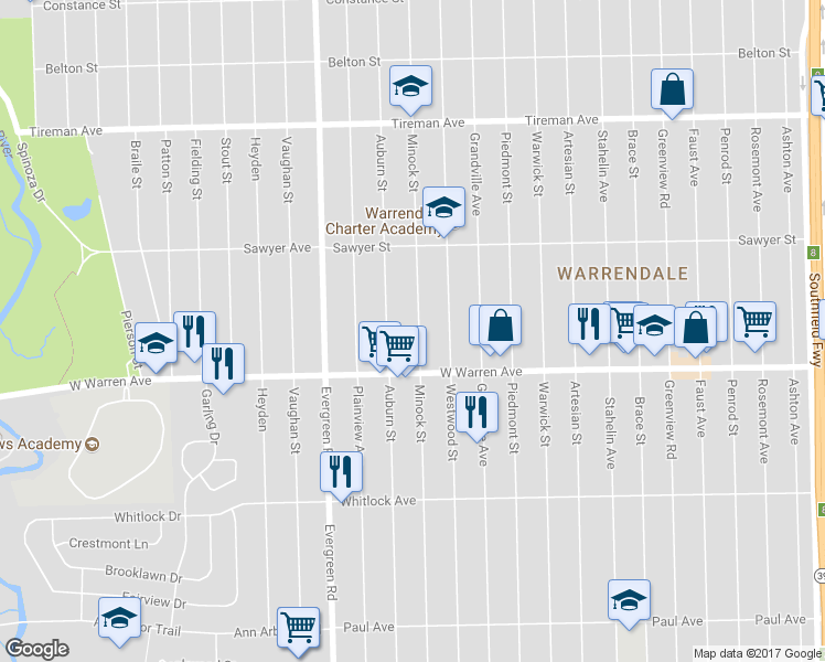 map of restaurants, bars, coffee shops, grocery stores, and more near 7325 Minock Street in Detroit