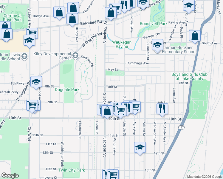map of restaurants, bars, coffee shops, grocery stores, and more near 733 South Jackson Street in Waukegan