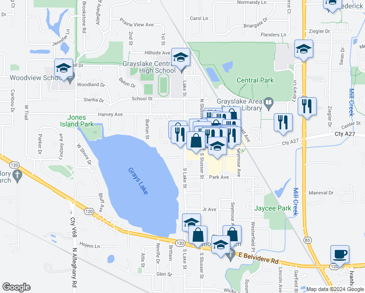 map of restaurants, bars, coffee shops, grocery stores, and more near 42 North Lake Street in Grayslake
