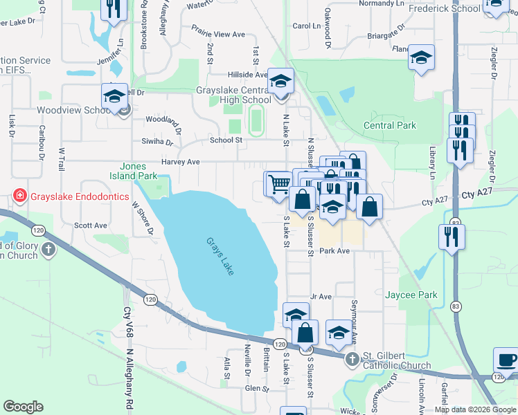 map of restaurants, bars, coffee shops, grocery stores, and more near 17 Hawley Court in Grayslake