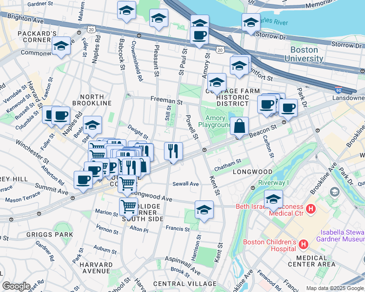 map of restaurants, bars, coffee shops, grocery stores, and more near 217 Saint Paul Street in Brookline